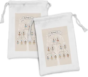 Ambesonne Family Fabric Pouch Set of 2, Vintage Style Family Tree with Members Avatars Genealogy and Kinship Concept Print, Small Drawstring Bag for Toiletries Masks and Favors, 9" x 6", Multicolor