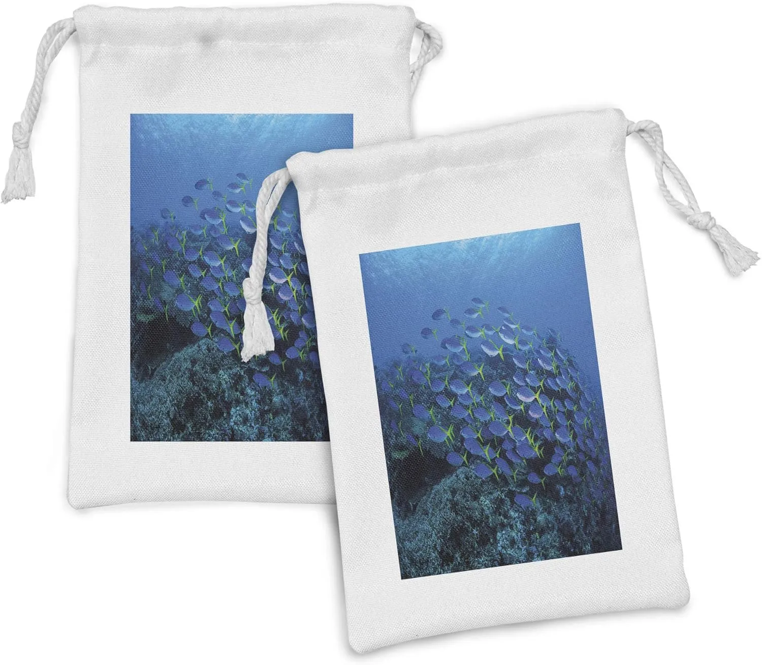 Ambesonne Fish Fabric Pouch Set of 2, Shoal of Fish on Stony Plant Animals in Submarine and Sun Beams on the Surface Image, Small Drawstring Bag for Toiletries Masks and Favors, 9" x 6", Multicolor