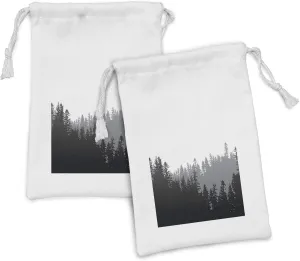 Ambesonne Forest Fabric Pouch Set of 2, Northern Timberland Growth Panoramic Nature Eco Landscape Abstract Spruces, Small Drawstring Bag for Toiletries Masks and Favors, 9" x 6", Black Grey White