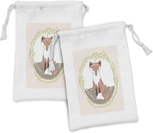 Ambesonne Fox Fabric Pouch Set of 2, Young Forest Animal Illustration for with Green Leafy Framework and Polka Dots, Small Drawstring Bag for Toiletries Masks and Favors, 9" x 6", Multicolor