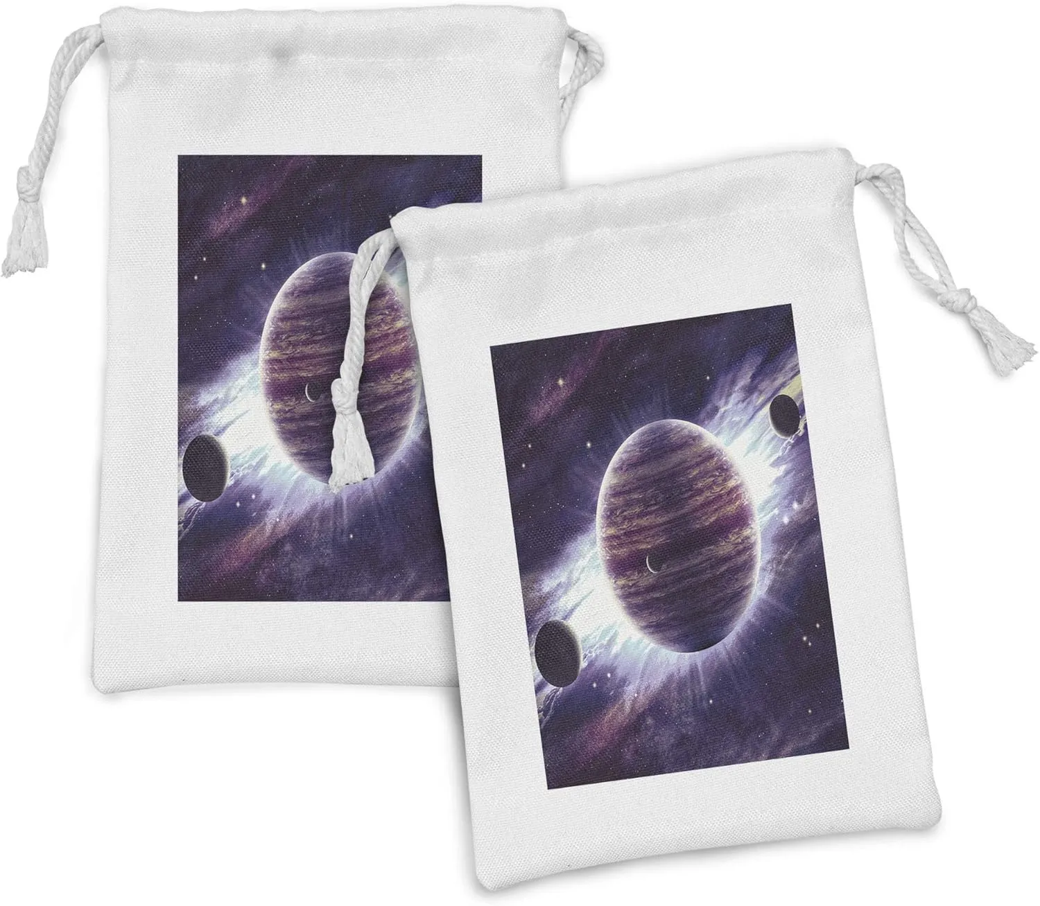 Ambesonne Galaxy Fabric Pouch Set of 2, Outer Space Theme Planets Saturn Mars Neptune Science Fiction Solar Scene Artprint, Small Drawstring Bag for Toiletries Masks and Favors, 9" x 6", Mauve Purple