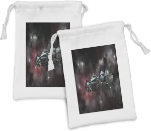 Ambesonne Galaxy Fabric Pouch Set of 2, Spaceship in Interstellar Travel on a Galactic Starfield Alien Fantasy Science Fiction, Small Drawstring Bag for Toiletries Masks and Favors, 9" x 6", Black