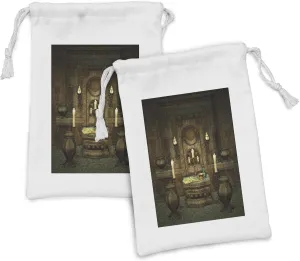 Ambesonne Gothic Fabric Pouch Set of 2, Room with Altar in Fantasy Style Spells Pentagram and Candles Print Illustration, Small Drawstring Bag for Toiletries Masks and Favors, 9" x 6", Brown