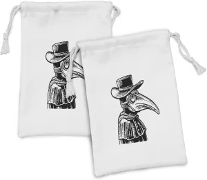 Ambesonne Halloween Fabric Pouch Set of 2, Horror Art Plague Doctor Character in Monochrome Engraving Style, Small Drawstring Bag for Toiletries Masks and Favors, 9" x 6", Charcoal Grey and White