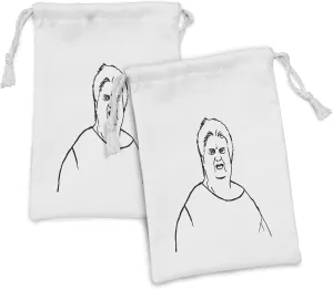 Ambesonne Humor Fabric Pouch Set of 2, Guy Meme Fat Angry Facial Expression Display Internet Character Print, Small Drawstring Bag for Toiletries Masks and Favors, 9" x 6", Black and White