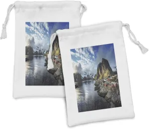 Ambesonne Island Fabric Pouch Set of 2, Fishing Hut Photo in Autumn with Rocks and Clouds Scenery Northern Norway Cold, Small Drawstring Bag for Toiletries Masks and Favors, 9" x 6", Blue Grey White
