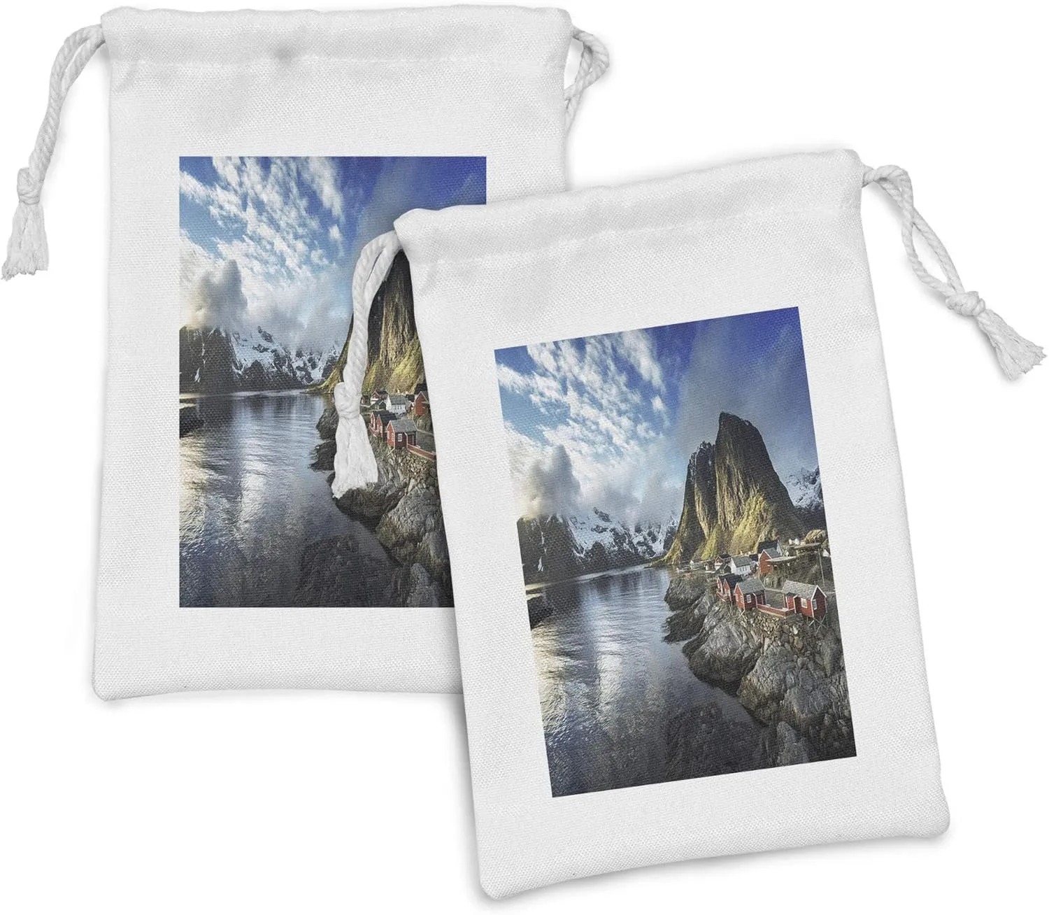 Ambesonne Island Fabric Pouch Set of 2, Fishing Hut Photo in Autumn with Rocks and Clouds Scenery Northern Norway Cold, Small Drawstring Bag for Toiletries Masks and Favors, 9" x 6", Blue Grey White