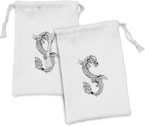 Ambesonne Japanese Dragon Fabric Pouch Set of 2, Far Esoteric Monster Symbolic Thai Style, Small Drawstring Bag for Toiletries Masks and Favors, 9" x 6", Black White