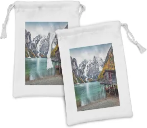 Ambesonne Landscape Fabric Pouch Set of 2, Autumnal Scenery View of Lake Braies Snowy Mount Seekofel and Hut in Italian Alps, Small Drawstring Bag for Toiletries Masks and Favors, 9" x 6", Multicolor