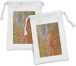 Ambesonne Leaves Fabric Pouch Set of 2, Falls Colors National Country Park Nature Observation Base Perspective Photo, Small Drawstring Bag for Toiletries Masks and Favors, 9" x 6", Orange Blue Green