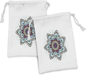 Ambesonne Mandala Fabric Pouch Set of 2, Boho Lotus Flower Microcosm Motif Unique Retro Theme, Small Drawstring Bag for Toiletries Masks and Favors, 9" x 6", Purple Brown and Teal