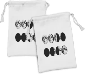 Ambesonne Moon Phase Fabric Pouch Set of 2, Lunar Movements Graphical Design with Astronomical Themed Concept, Small Drawstring Bag for Toiletries Masks and Favors, 9" x 6", Charcoal Grey and White