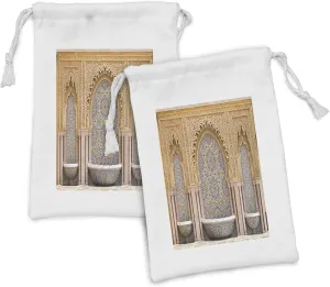 Ambesonne Moroccan Fabric Pouch Set of 2, Typical Moroccan Tiled Fountain in the City of Rabat near Hassan Tower, Small Drawstring Bag for Toiletries Masks and Favors, 9" x 6", Apricot Pale Brown