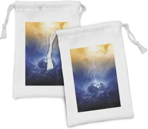 Ambesonne Nature Fabric Pouch Set of 2, Vertical Shot of Big Bolt Hits Planet Earth Dramatic Sky Energy Atmosphere Art, Small Drawstring Bag for Toiletries Masks and Favors, 9" x 6", Yellow Blue