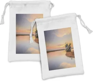 Ambesonne Nautical Fabric Pouch Set of 2, Vessel on Coast Long Exposure Dramatic Sunset Photo Solitude Lonely Twilight Theme, Small Drawstring Bag for Toiletries Masks and Favors, 9" x 6", Blue Peach