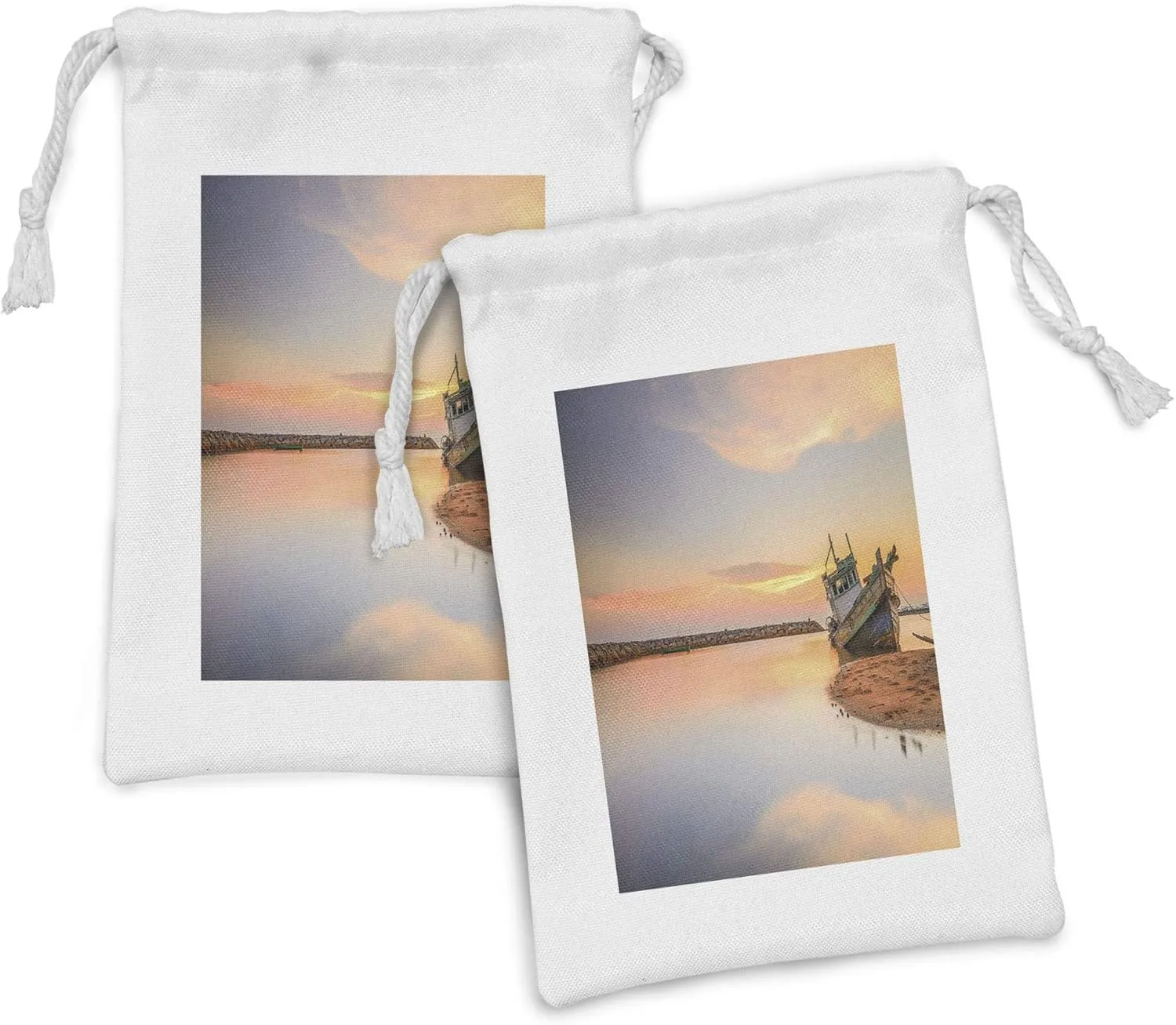 Ambesonne Nautical Fabric Pouch Set of 2, Vessel on Coast Long Exposure Dramatic Sunset Photo Solitude Lonely Twilight Theme, Small Drawstring Bag for Toiletries Masks and Favors, 9" x 6", Blue Peach