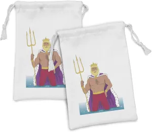 Ambesonne Neptune Fabric Pouch Set of 2, Detailed Cartoon Drawing King of the Ocean with a Crown Cape and Trident Print, Small Drawstring Bag for Toiletries Masks and Favors, 9" x 6", Multicolor