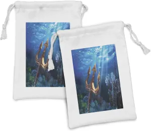 Ambesonne Neptune Fabric Pouch Set of 2, Underwater Illustration with a Trident and Vivid Corals, Small Drawstring Bag for Toiletries Masks and Favors, 9" x 6", Cobalt Blue Multicolor