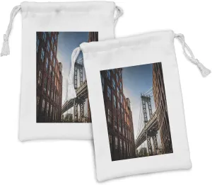 Ambesonne New York Fabric Pouch Set of 2, Manhattan Bridge Seen from Narrow Alley Island Borough Globally Influential Town NYC, Small Drawstring Bag for Toiletries Masks and Favors, 9" x 6", Blue Red