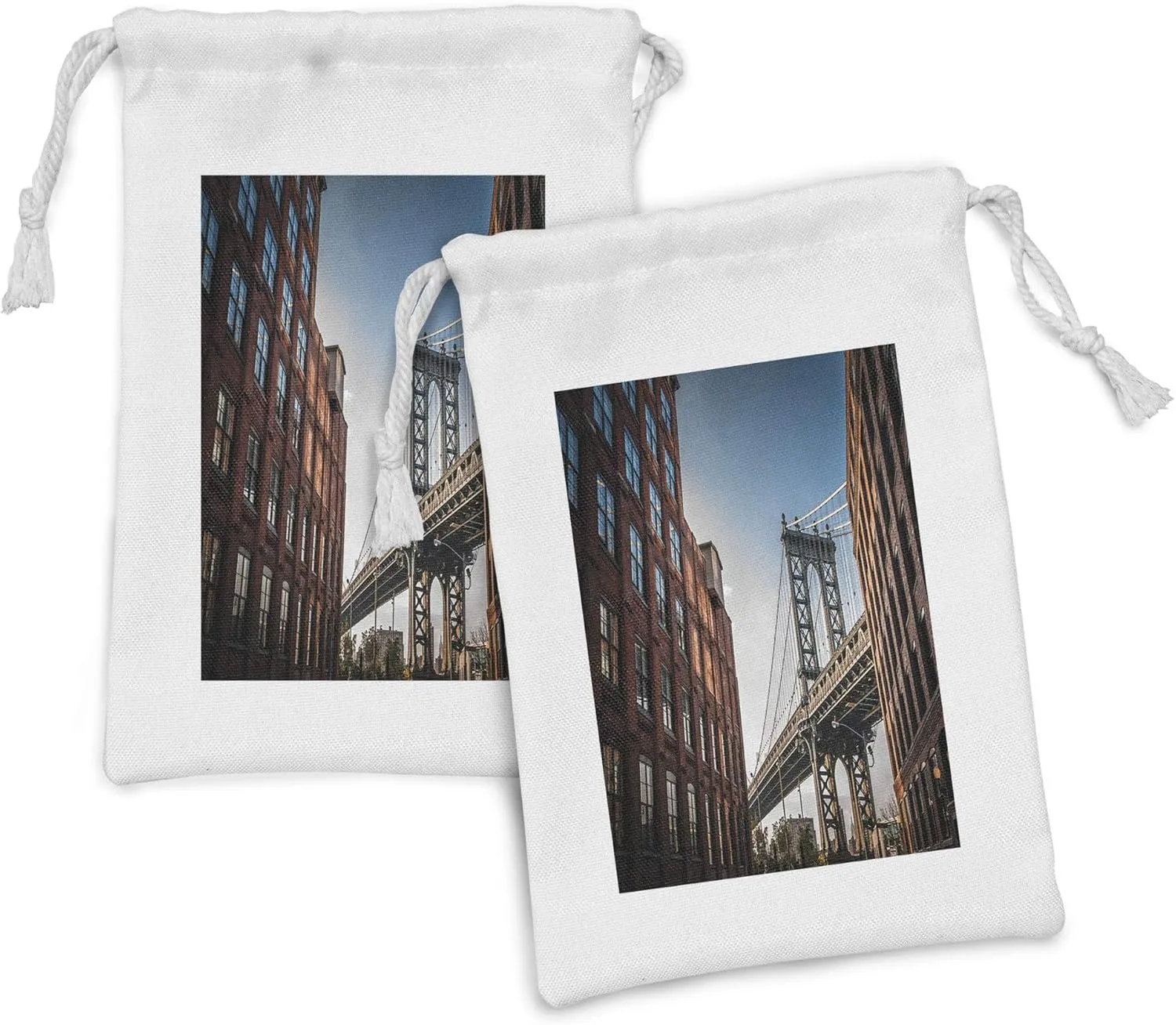 Ambesonne New York Fabric Pouch Set of 2, Manhattan Bridge Seen from Narrow Alley Island Borough Globally Influential Town NYC, Small Drawstring Bag for Toiletries Masks and Favors, 9" x 6", Blue Red
