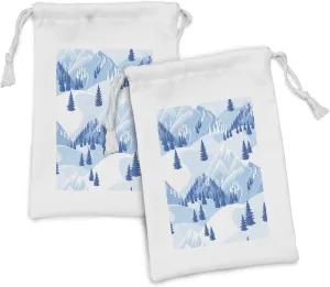 Ambesonne Northwoods Fabric Pouch Set of 2, Snowy Mountains and Fir Forest Winter Adventure Pastoral Landscape, Small Drawstring Bag for Toiletries Masks and Favors, 9" x 6", Pale Blue White Blue