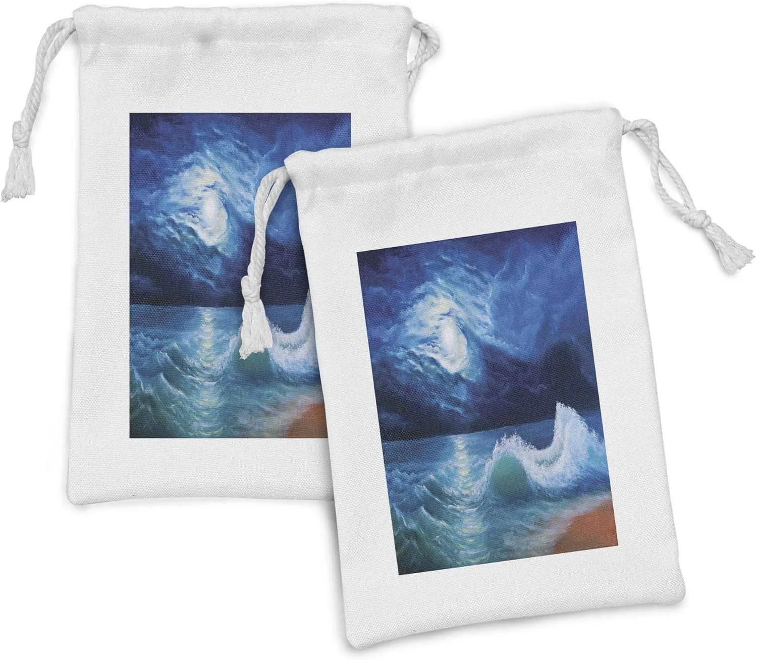 Ambesonne Ocean Fabric Pouch Set of 2, Moonlight over Wavy Sea Dramatic Sky Beach Landscape Picture in Oil Painting Effect, Small Drawstring Bag for Toiletries Masks and Favors, 9" x 6", Navy White