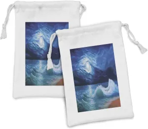 Ambesonne Ocean Fabric Pouch Set of 2, Moonlight over Wavy Sea Dramatic Sky Beach Landscape Picture in Oil Painting Effect, Small Drawstring Bag for Toiletries Masks and Favors, 9" x 6", Navy White