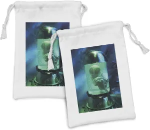 Ambesonne Outer Space Fabric Pouch Set of 2, Martian UFO Alien in a Aquarium Like Tube Artwork Image, Small Drawstring Bag for Toiletries Masks and Favors, 9" x 6", Pale Green Sky Blue