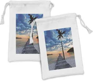 Ambesonne Pier Fabric Pouch Set of 2, Wooden Plank Grunge Jetty Through the Calm Ocean Tropic Palm Tree and Dramatic Sky, Small Drawstring Bag for Toiletries Masks and Favors, 9" x 6", Multicolor