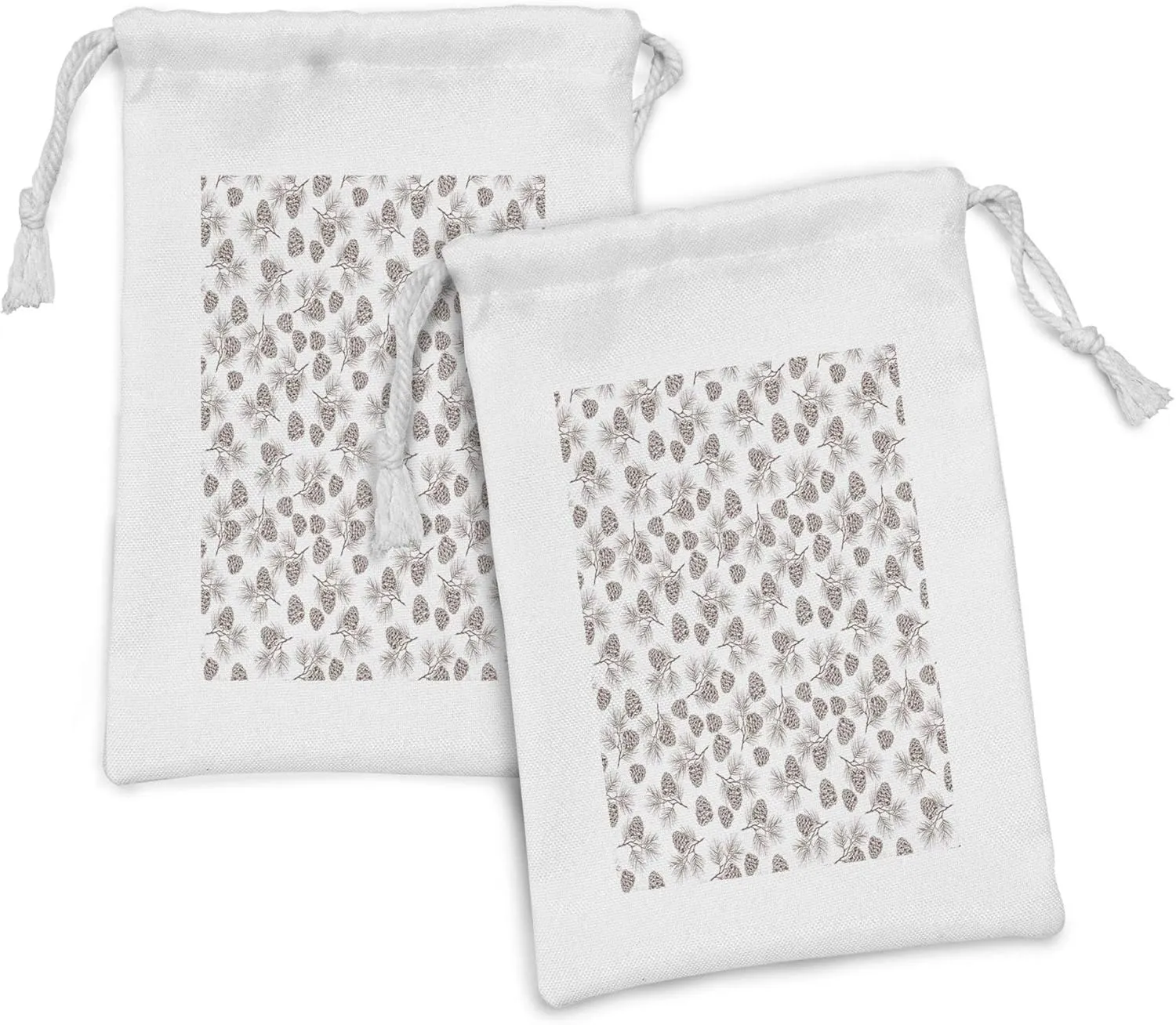 Ambesonne Pine Cone Fabric Pouch Set of 2, Nature Growth Conifers with Fir Branches Christmas Tree Cedar Spruce Background, Small Drawstring Bag for Toiletries Masks and Favors, 9" x 6", Umber White