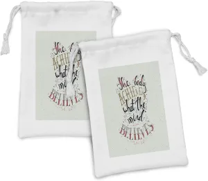 Ambesonne Saying Fabric Pouch Set of 2, Philosophical Saying the Body Achieves What the Mind Believes on a Grunge Backdrop, Small Drawstring Bag for Toiletries Masks and Favors, 9" x 6", Multicolor