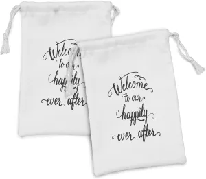 Ambesonne Saying Fabric Pouch Set of 2, Vintage Fountain Pen Lettering Wedding Welcome to Our Happily Ever After, Small Drawstring Bag for Toiletries Masks and Favors, 9" x 6", Charcoal Grey White