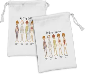 Ambesonne Science Fabric Pouch Set of 2, Different Systems in Human Nervous Skeletal Digestive Body Anatomy Young, Small Drawstring Bag for Toiletries Masks and Favors, 9" x 6", Multicolor