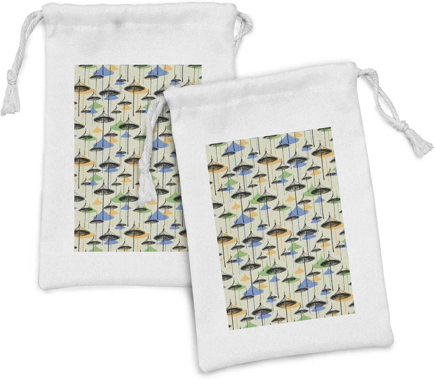Ambesonne Sketch Fabric Pouch Set of 2, Beach Umbrellas on an Eggshell Background, Small Drawstring Bag for Toiletries Masks and Favors, 9" x 6", Grey Yellow Multicolor