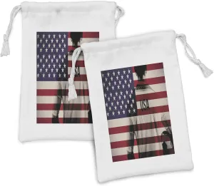 Ambesonne Soccer Fabric Pouch Set of 2, Composite Double Exposure Image of a Soccer Player and American Flag Usa Run, Small Drawstring Bag for Toiletries Masks and Favors, 9" x 6", Beige Blue Red