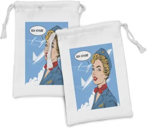 Ambesonne Travel Fabric Pouch Set of 2, Bon Voyage Stewardess Airplane Travel Tourism Pop Art Retro Style Aviation Transport, Small Drawstring Bag for Toiletries Masks and Favors, 9" x 6", Multicolor