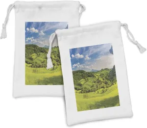 Ambesonne Tuscany Fabric Pouch Set of 2, Tuscany Italy Sunlight Homestead Plantation Farms Pathway Greenery Print, Small Drawstring Bag for Toiletries Masks and Favors, 9" x 6", Sky Blue Apple Green