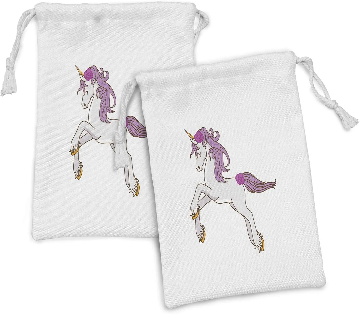 Ambesonne Unicorn Party Fabric Pouch Set of 2, Cartoon Image of Horse Mane and Tail with Flowers, Small Drawstring Bag for Toiletries Masks and Favors, 9" x 6", White Mauve