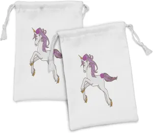 Ambesonne Unicorn Party Fabric Pouch Set of 2, Cartoon Image of Horse Mane and Tail with Flowers, Small Drawstring Bag for Toiletries Masks and Favors, 9" x 6", White Mauve