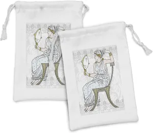 Ambesonne Venus Fabric Pouch Set of 2, Greek Woman Silhouette in Toga Sitting on a Chair Holding a Mirror Roman Illustration, Small Drawstring Bag for Toiletries Masks and Favors, 9" x 6", Multicolor