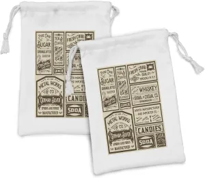 Ambesonne Vintage Fabric Pouch Set of 2, Mega Pack Old Advertisement Designs Retro Style Calligraphy Illustration, Small Drawstring Bag for Toiletries Masks and Favors, 9" x 6", Brown Cream