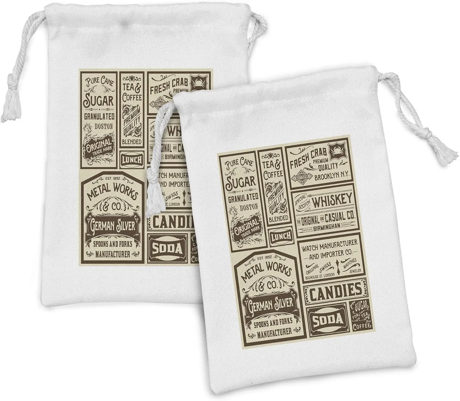 Ambesonne Vintage Fabric Pouch Set of 2, Mega Pack Old Advertisement Designs Retro Style Calligraphy Illustration, Small Drawstring Bag for Toiletries Masks and Favors, 9" x 6", Brown Cream