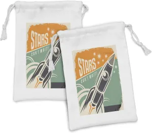 Ambesonne Vintage Fabric Pouch Set of 2, Stars Cant Wait Retro Advertisement with Rocket Launch Your Business Image, Small Drawstring Bag for Toiletries Masks and Favors, 9" x 6", Multicolor