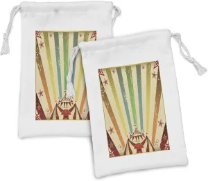 Ambesonne Vintage Rainbow Fabric Pouch Set of 2, Old Circus Carnival Advertisement Theme Stripes Stars and Fun Fair Tent, Small Drawstring Bag for Toiletries Masks and Favors, 9" x 6", Multicolor