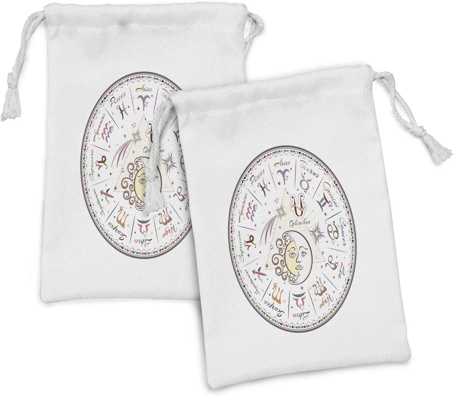 Ambesonne Zodiac Fabric Pouch Set of 2, Western Chart with All Signs Aries Virgo Leo Taurus Libra Mystique Fate Calendar, Small Drawstring Bag for Toiletries Masks and Favors, 9" x 6", Multicolor