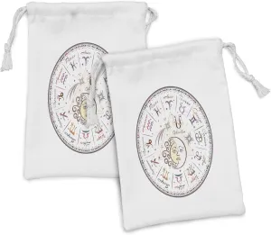 Ambesonne Zodiac Fabric Pouch Set of 2, Western Chart with All Signs Aries Virgo Leo Taurus Libra Mystique Fate Calendar, Small Drawstring Bag for Toiletries Masks and Favors, 9" x 6", Multicolor