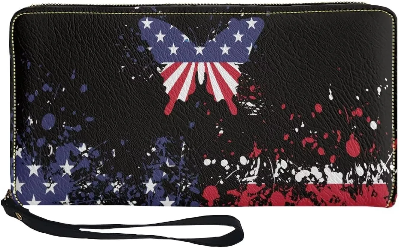 American Flag Butterfly Design Gift Clutch Wristlet Women Long Wallet RFID Blocking Credit Card Holder PU Ladies Purse Handbags