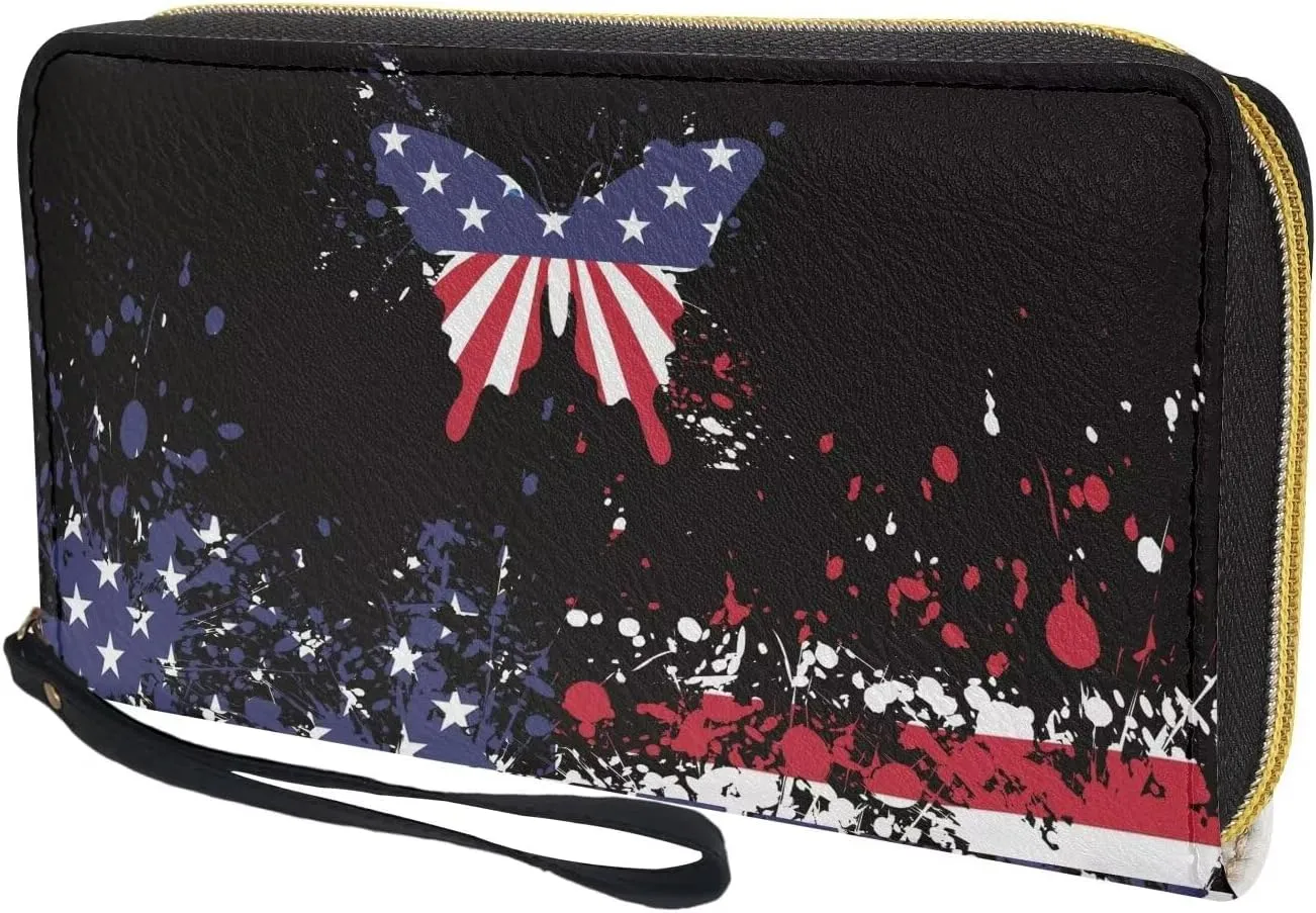 American Flag Butterfly Design Gift Clutch Wristlet Women Long Wallet RFID Blocking Credit Card Holder PU Ladies Purse Handbags
