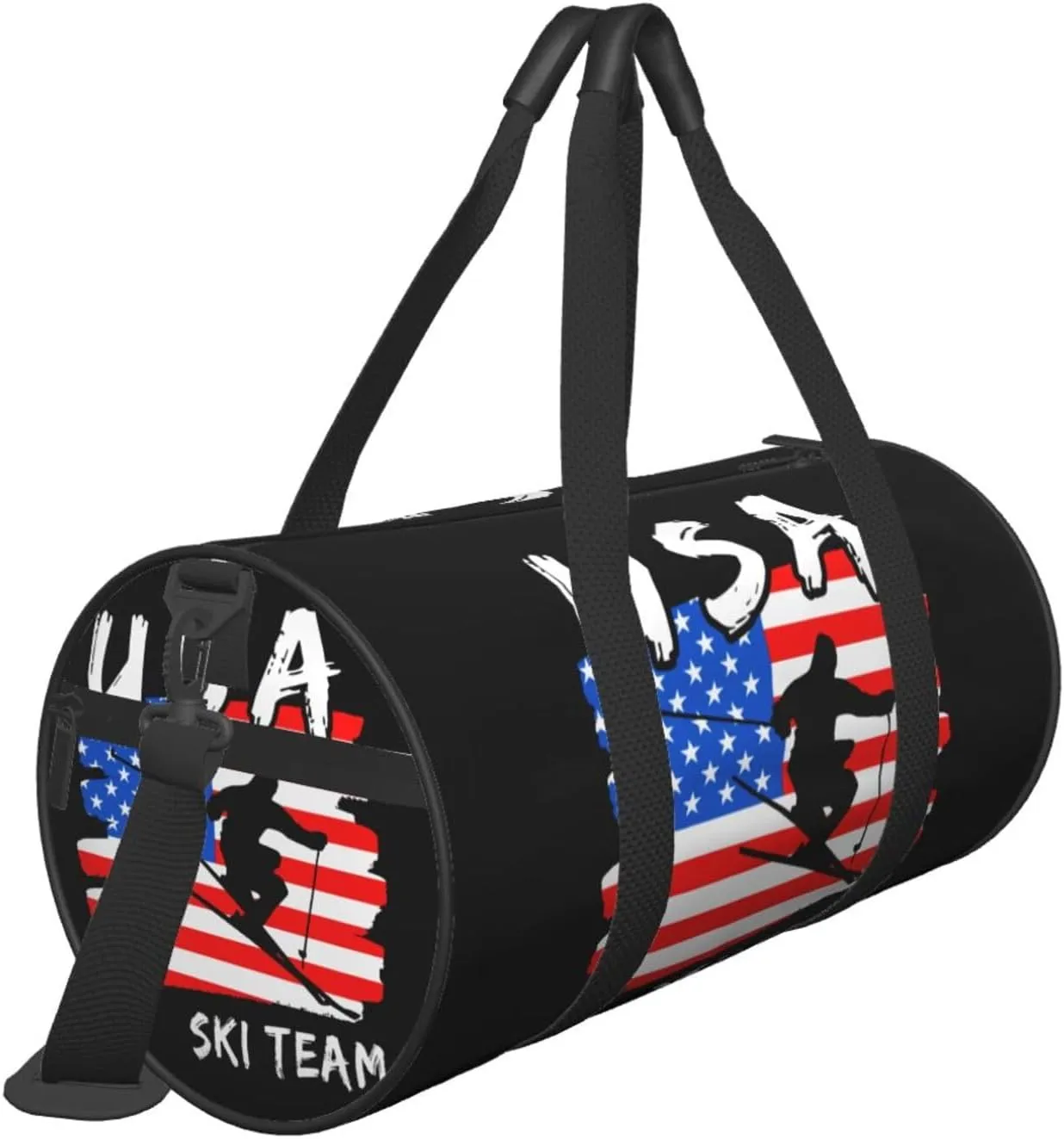 American Flag Ski Team Round Travel Duffel Bag Large Capacity Gym Sports Bags for Hiking Vacation Trips