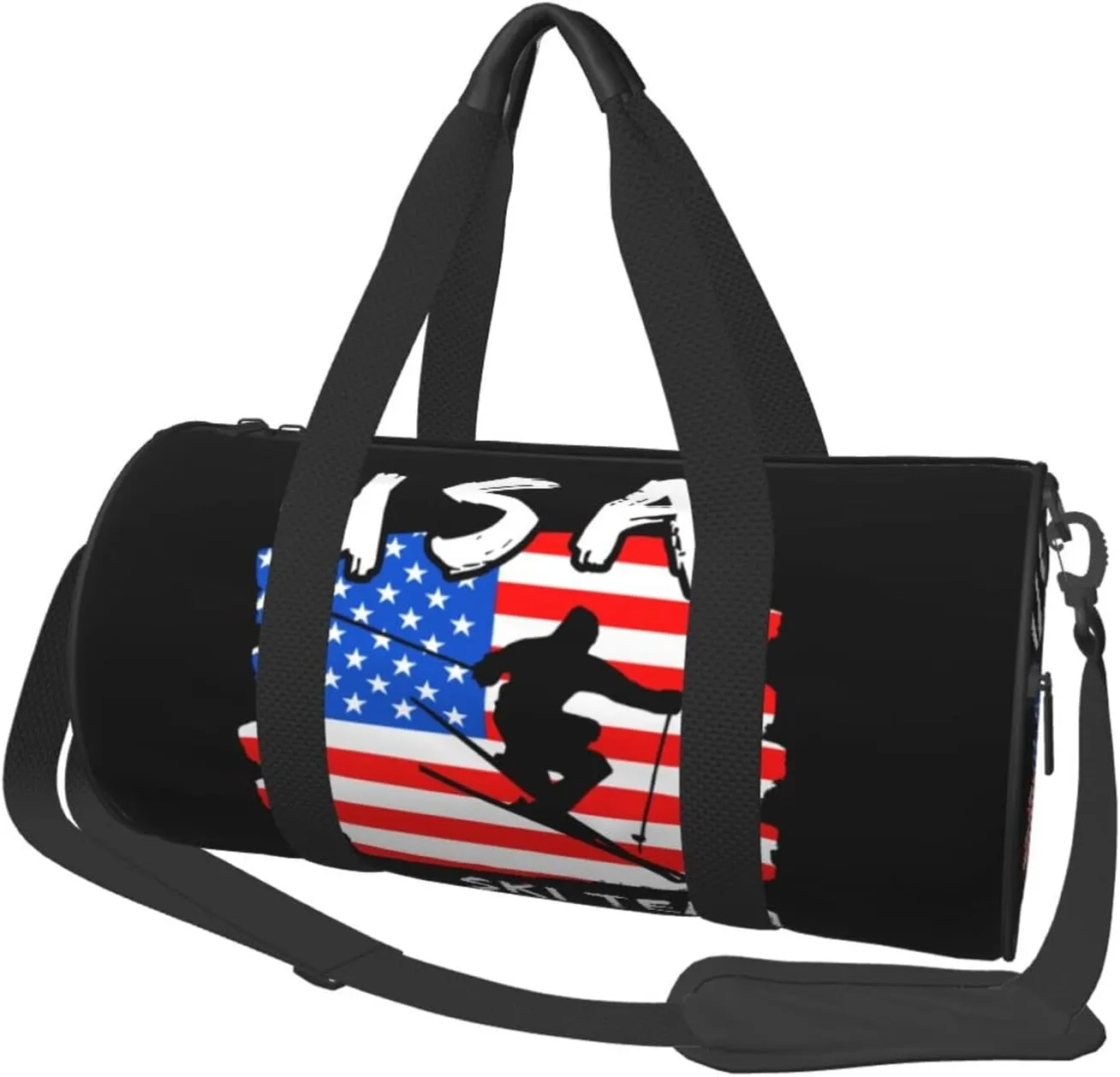 American Flag Ski Team Round Travel Duffel Bag Large Capacity Gym Sports Bags for Hiking Vacation Trips
